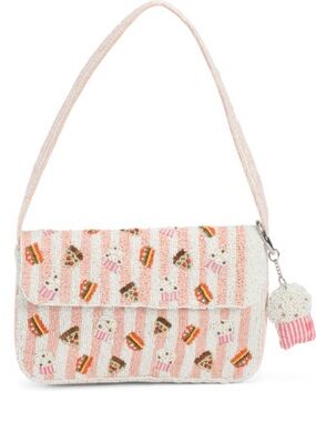 Cute Pink Cupcake, pizza , burger hand beaded Shoulder Bag